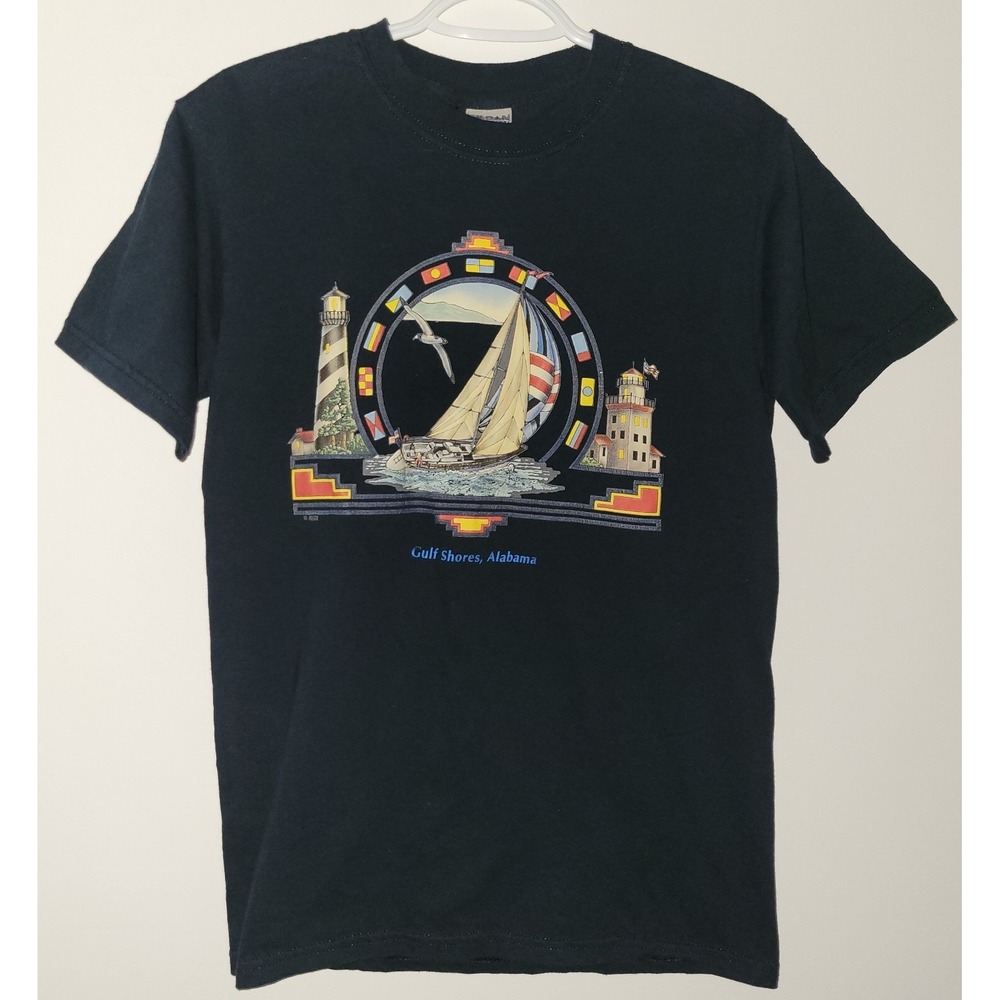Gildan Gulf Shores Alabama Embroidered Sailboat T-Shirt Mens Small Black